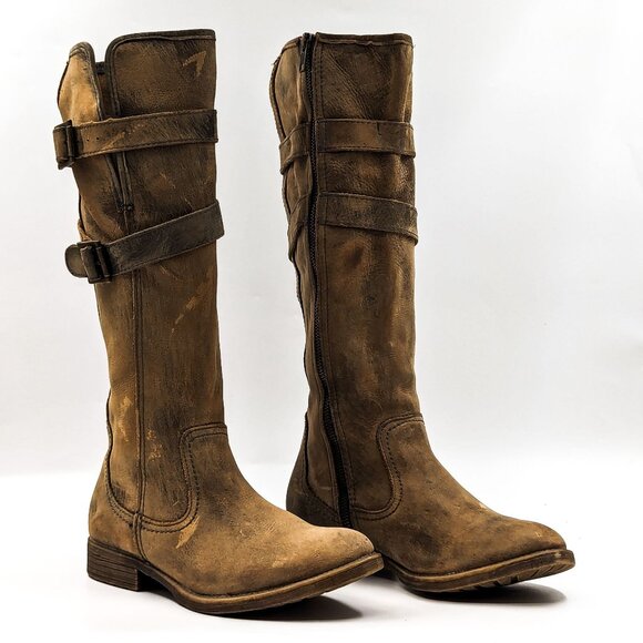 Bed Stu Women Distressed Beige Leather Grounge Moto Biker Tall Boots size 10 - Picture 1 of 12